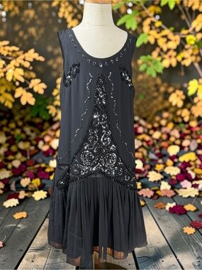 Autograph Black Beaded & Sequined Chiffon Drop-Waist Party Dress